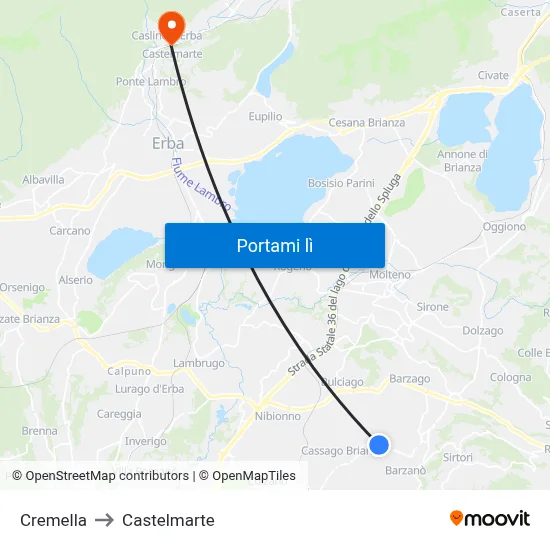 Cremella to Castelmarte map