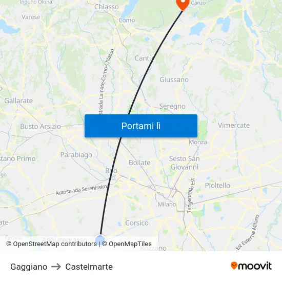 Gaggiano to Castelmarte map