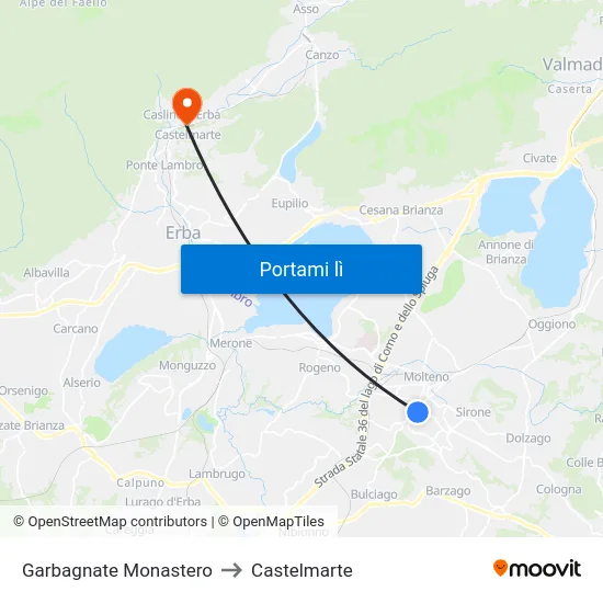 Garbagnate Monastero to Castelmarte map
