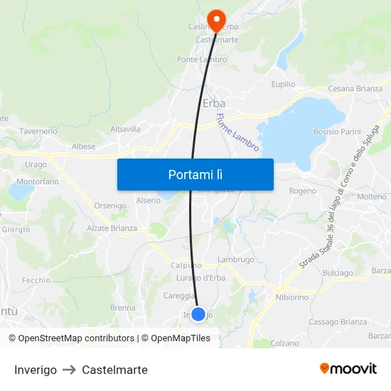 Inverigo to Castelmarte map