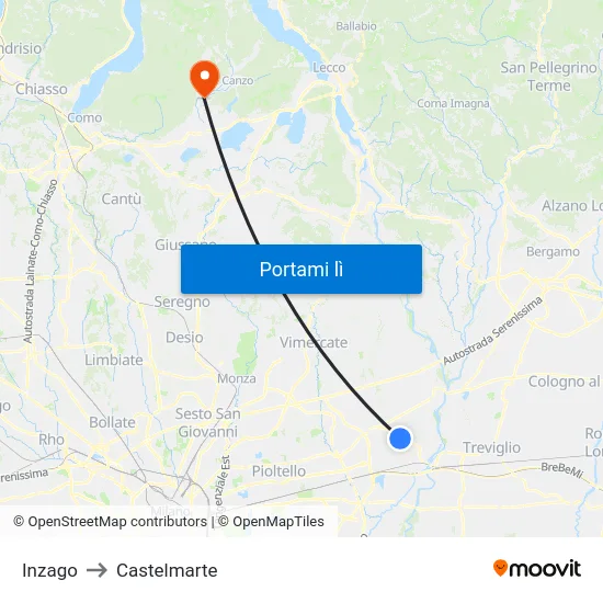Inzago to Castelmarte map