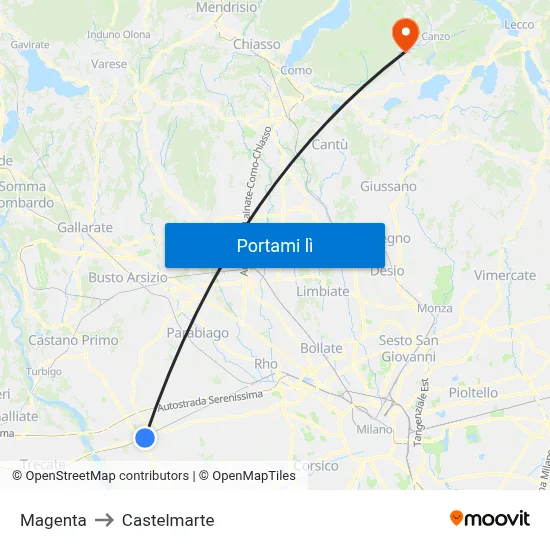 Magenta to Castelmarte map