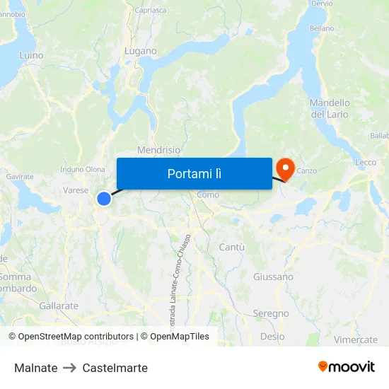 Malnate to Castelmarte map