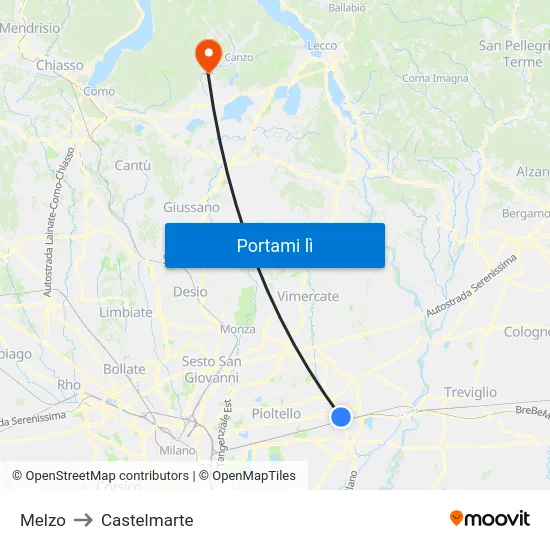 Melzo to Castelmarte map