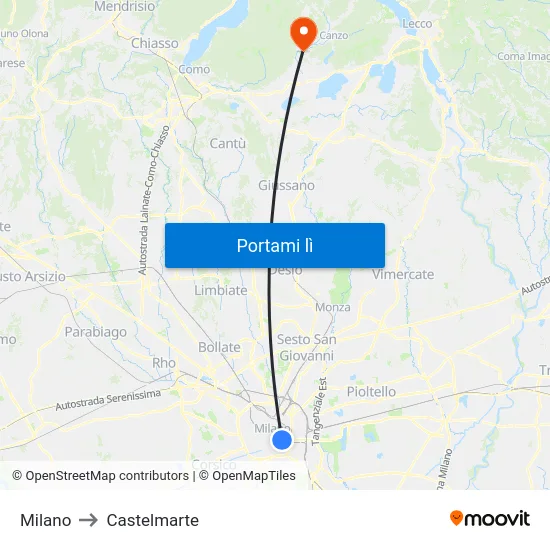 Milano to Castelmarte map