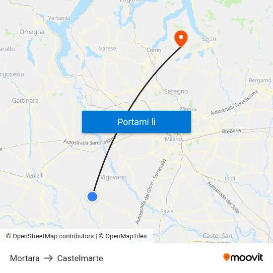 Mortara to Castelmarte map