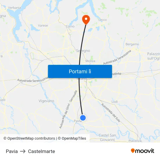 Pavia to Castelmarte map