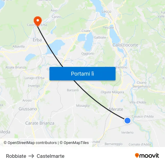 Robbiate to Castelmarte map