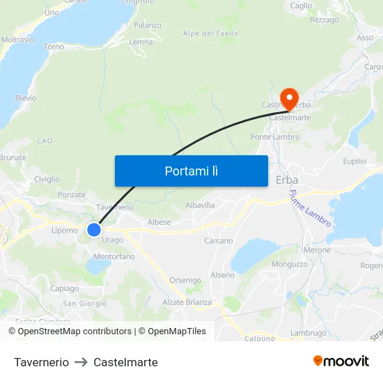 Tavernerio to Castelmarte map