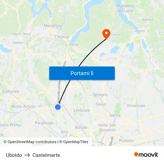 Uboldo to Castelmarte map