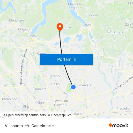 Villasanta to Castelmarte map