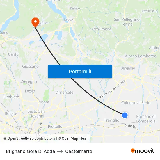 Brignano Gera D' Adda to Castelmarte map