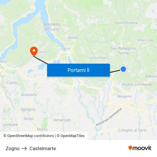 Zogno to Castelmarte map