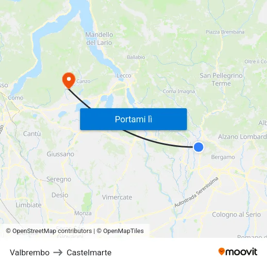Valbrembo to Castelmarte map