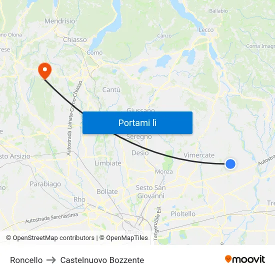 Roncello to Castelnuovo Bozzente map