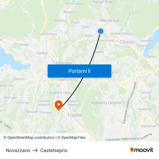 Novazzano to Castelseprio map