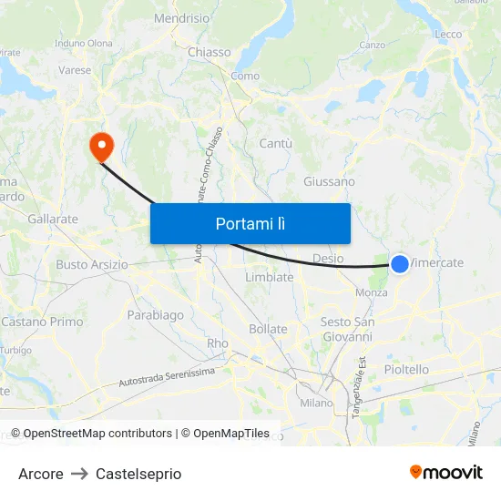 Arcore to Castelseprio map