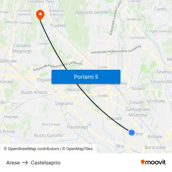 Arese to Castelseprio map