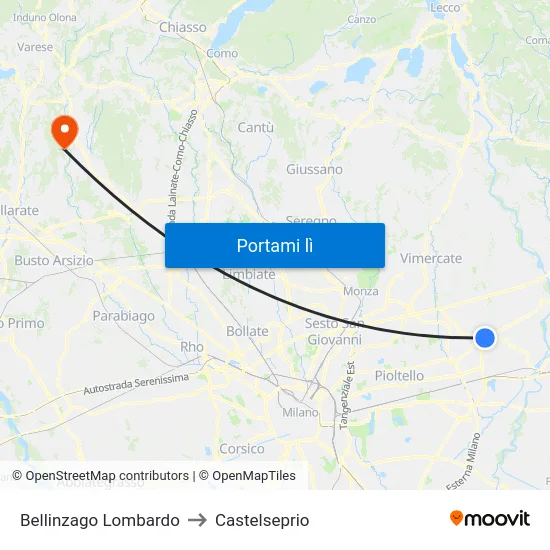 Bellinzago Lombardo to Castelseprio map
