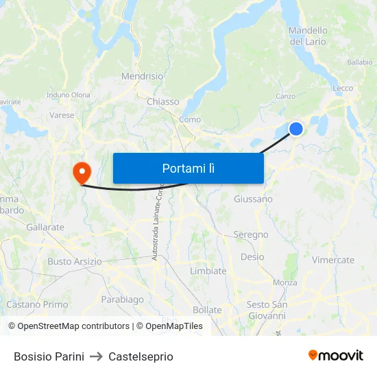 Bosisio Parini to Castelseprio map