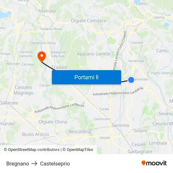 Bregnano to Castelseprio map