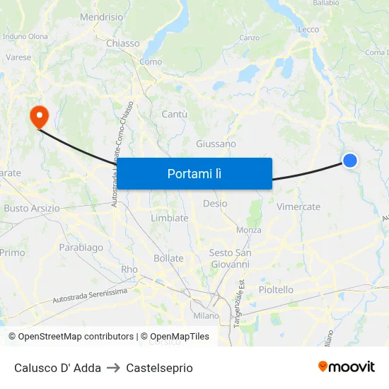 Calusco D' Adda to Castelseprio map