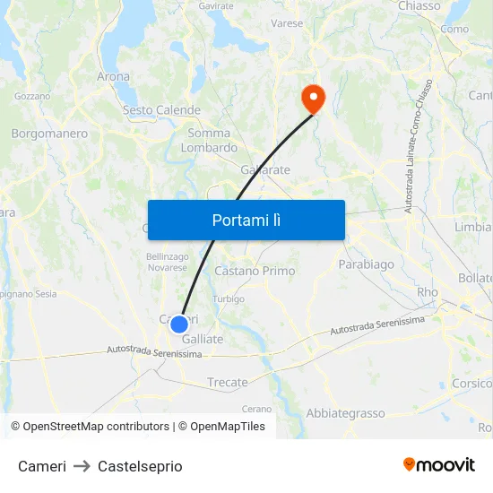 Cameri to Castelseprio map