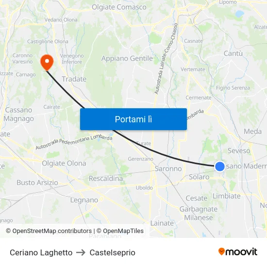 Ceriano Laghetto to Castelseprio map