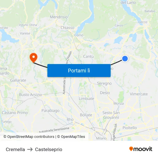 Cremella to Castelseprio map