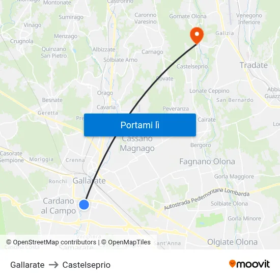 Gallarate to Castelseprio map