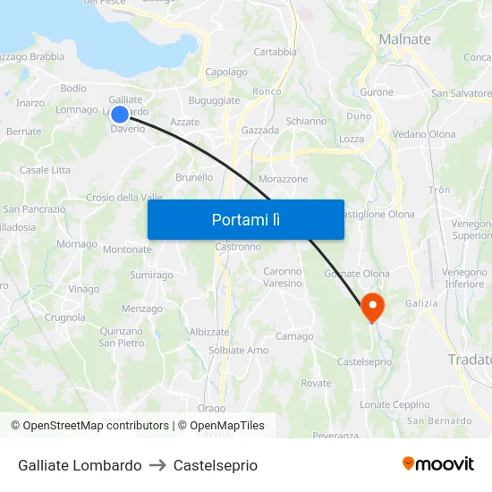 Galliate Lombardo to Castelseprio map