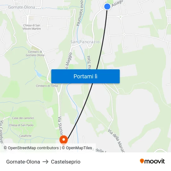 Gornate-Olona to Castelseprio map