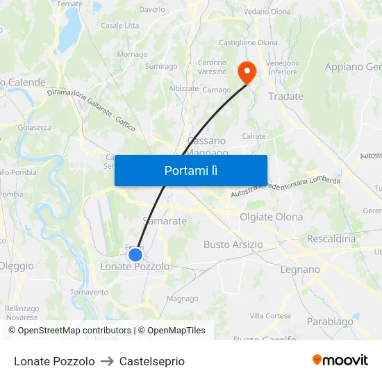 Lonate Pozzolo to Castelseprio map
