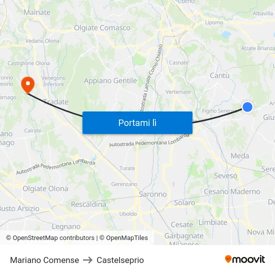 Mariano Comense to Castelseprio map