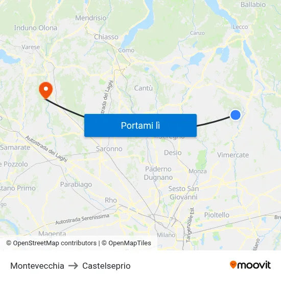 Montevecchia to Castelseprio map