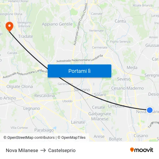 Nova Milanese to Castelseprio map