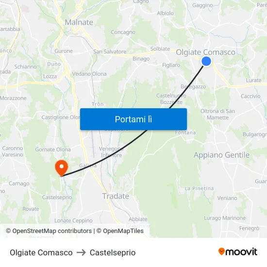 Olgiate Comasco to Castelseprio map