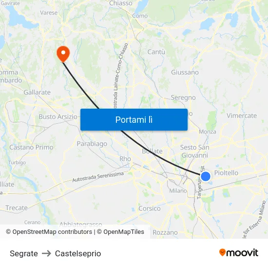 Segrate to Castelseprio map