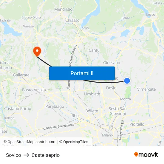 Sovico to Castelseprio map
