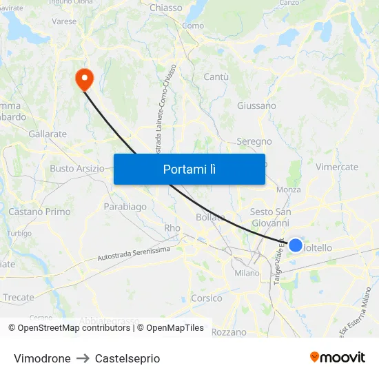 Vimodrone to Castelseprio map