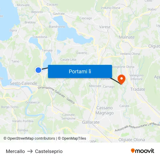 Mercallo to Castelseprio map