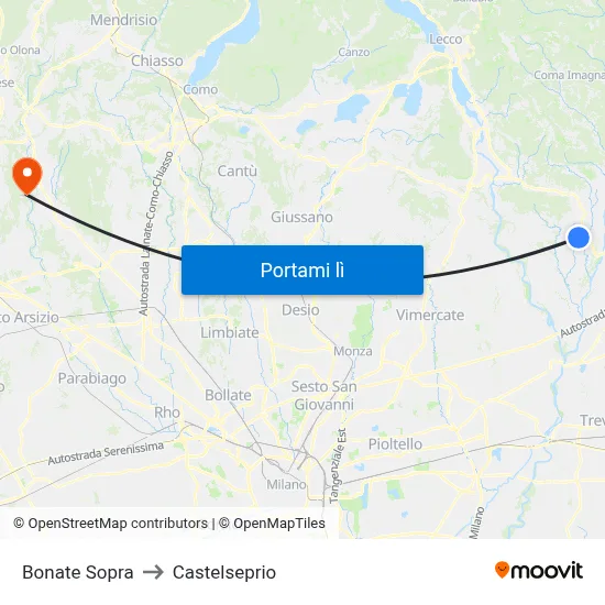 Bonate Sopra to Castelseprio map