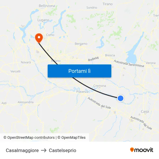 Casalmaggiore to Castelseprio map
