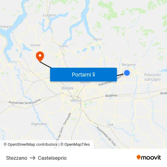 Stezzano to Castelseprio map