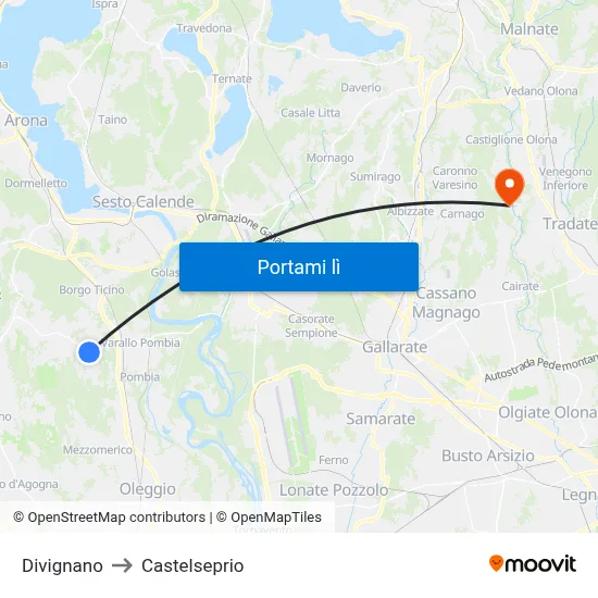 Divignano to Castelseprio map