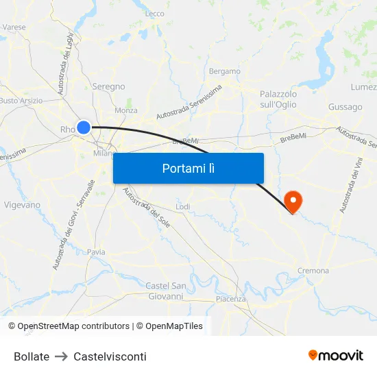 Bollate to Castelvisconti map