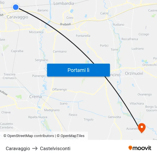 Caravaggio to Castelvisconti map