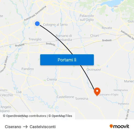 Ciserano to Castelvisconti map