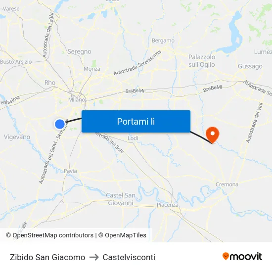Zibido San Giacomo to Castelvisconti map