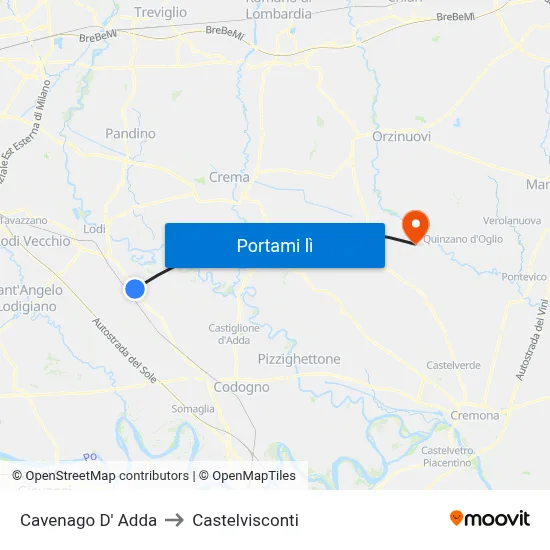 Cavenago D' Adda to Castelvisconti map
